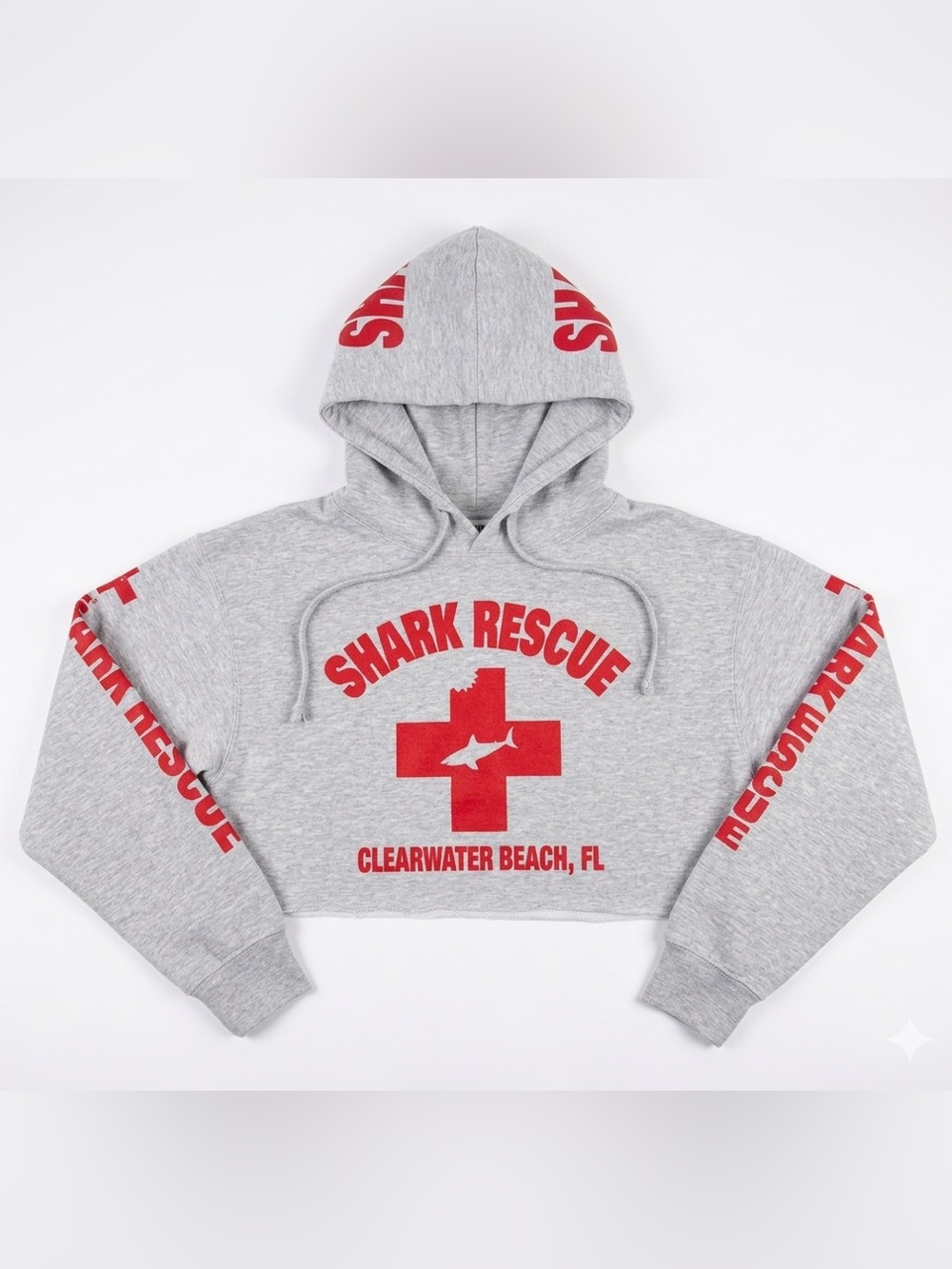 Gray  Shark Rescue Cropped Hoodie with Red Graphics